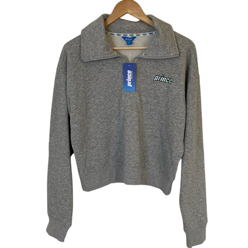 Prince Womens Pullover Quarter Zip Crop Sweatshirt L Grey Pickleball Tennis‎